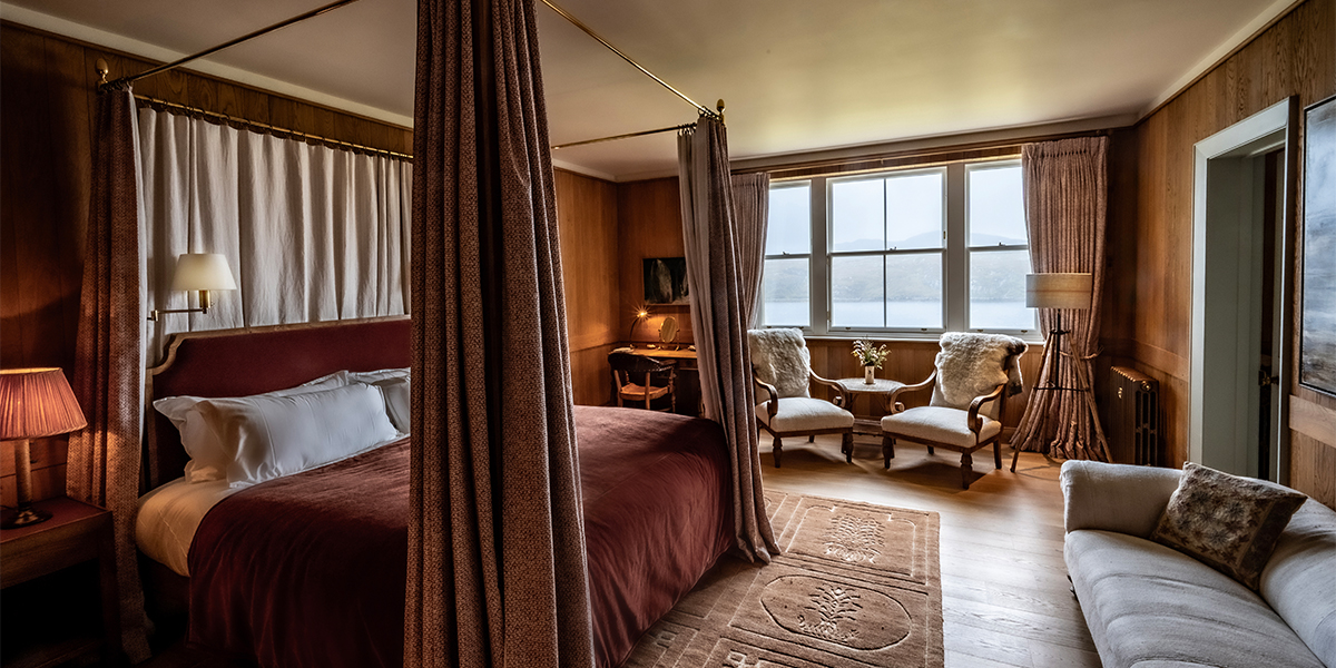 Bedroom interiors of luxury lodge at Scaliscro estate with sea views