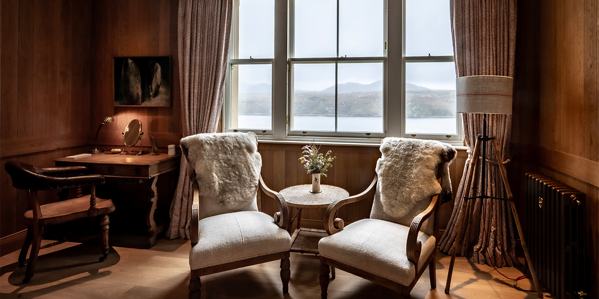 Bedroom interiors of luxury lodge at Scaliscro estate with sea views